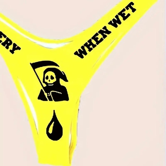 Caution "Slippery When Wet" Yellow Bandeau High Cut Bikini Set - Picture 8 of 10